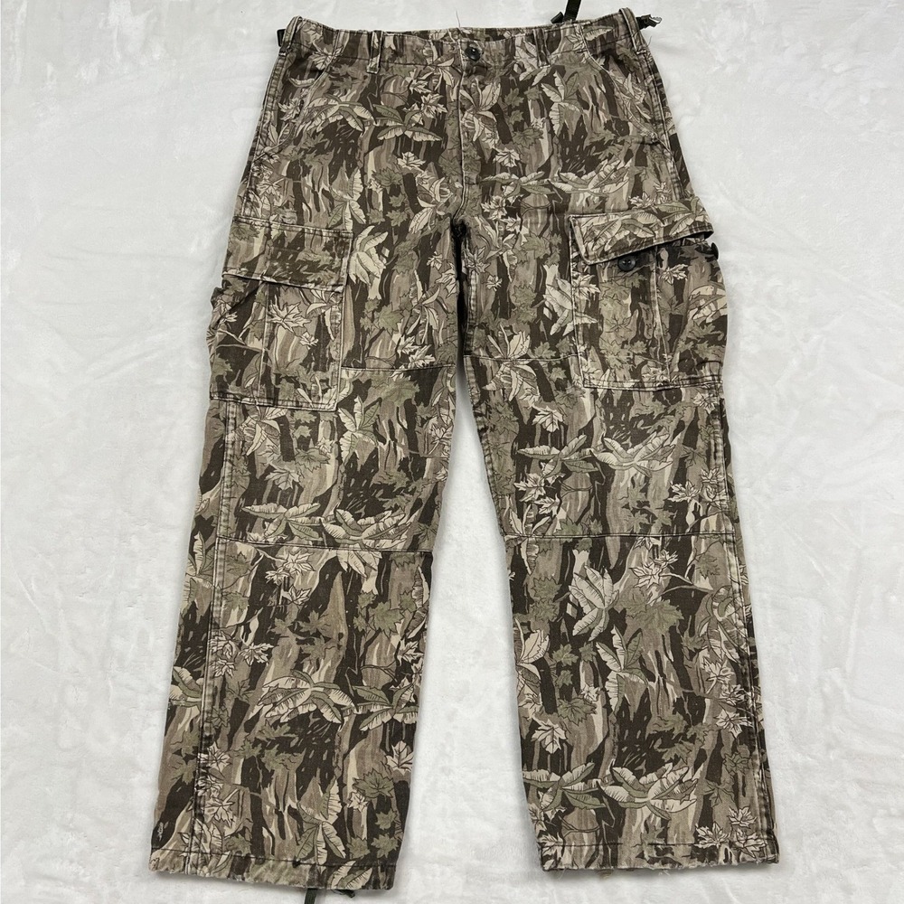 90s Holiday Adventure Cargo Pants Mens 33 Brown Camo Leaf Print Utility Tactical